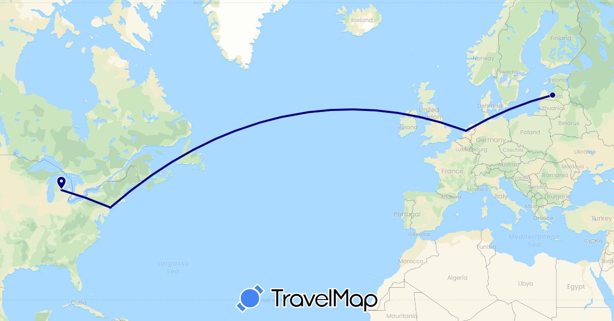 TravelMap itinerary: driving in Latvia, Netherlands, United States (Europe, North America)